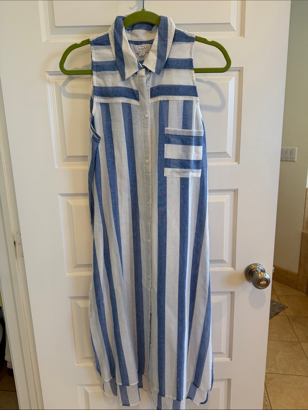 Mud Pie Blue & White Striped Sleeveless Duster Shirt Dress Tunic size S/M